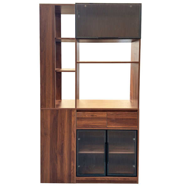 English Elm 70.87"h Tall Storage Cabinet Glass Panel Doors Asymmetric Drawers Modern Hallway Organizer W331S00205