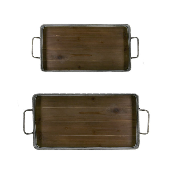 English Elm S/2 Rustic Fir Wood Serving Trays with Iron Accents for Farmhouse Tablescapes W2078P495641