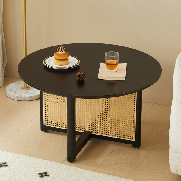 English Elm Mid-century round solid wood coffee table with PE rattan stand, 31.5" Boho black centerpiece, durable style W2720P237624
