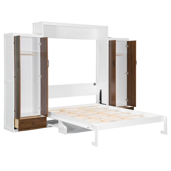 English Elm Full Size Murphy Wall Bed with Wardrobes Desk Drawers and Led Light in White LP000924AAK