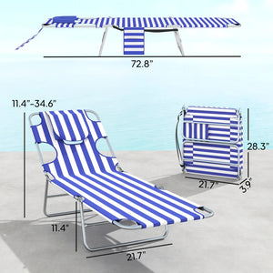 English Elm Handy Tri-fold Outdoor Lounger with Face Cavity Steel Frame Oxford Fabric Tanning Bed Blue Stripe T3971P481331