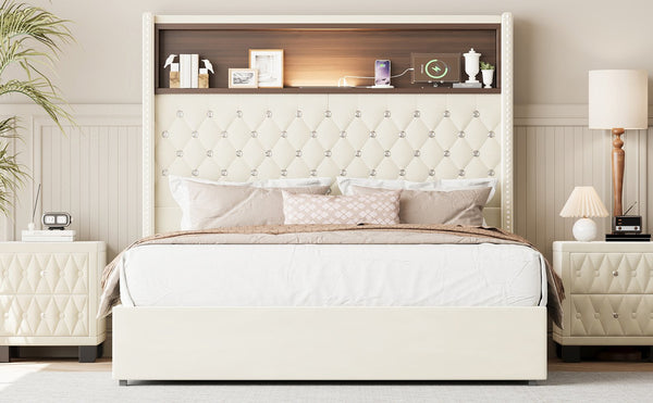 English Elm Full Velvet Wingback Platform Bed Tufted Headboard Shelf Usb Port Rivet Trim N733P368653A