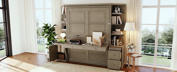 English Elm Queen Murphy Bed with Integrated Desk Cabinet Storage Wall Unit for Home Office Gray LP000739AAE