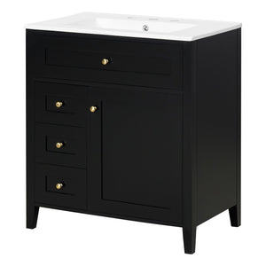 English Elm 30-Inch Contemporary Bathroom Vanity with Sink, MDF & Rubberwood, Glossy Finish, 3 Drawers + Cabinet Black N725P350819B