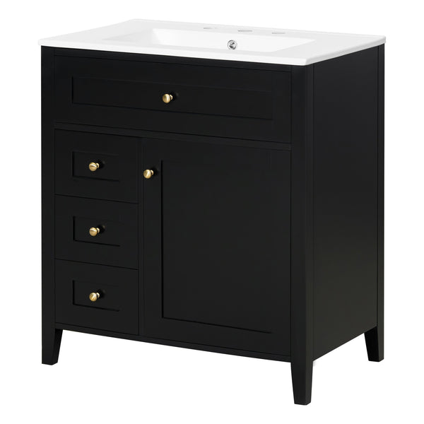 English Elm 30-Inch Contemporary Bathroom Vanity with Sink, MDF & Rubberwood, Glossy Finish, 3 Drawers + Cabinet Black N725P350819B