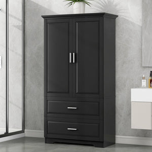 English Elm Tall Bathroom Storage Cabinet – Slim Black MDF Organizer with 2 Doors, 2 Drawers, Adjustable Shelves, Anti-Tip Device N725P172882B