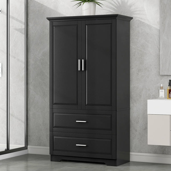 English Elm Tall Bathroom Storage Cabinet – Slim Black MDF Organizer with 2 Doors, 2 Drawers, Adjustable Shelves, Anti-Tip Device N725P172882B