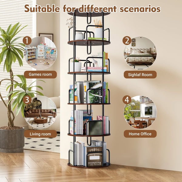 English Elm Rotating 5 Tier Spinning Bookcase Tower Slim 360 Degree Turntable Metal Frame Organizer Walnut Brown W3166P367347