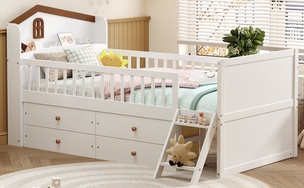 English Elm Twin Bed Frame with Storage Drawers and House Headboard, Kids Platform Bed with Guardrail Ladder and Shelf White 49.3 L x 16.25 W x 7.75 H N733S278032K