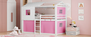 English Elm Twin Treehouse Bunk Bed Solid Pine Playhouse Frame with Cozy Canvas Tent Hideaway LT000379AAH-1