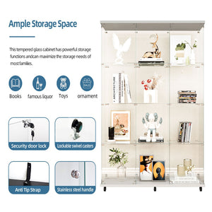 English Elm Tempered Glass Display Cabinet With Bluetooth Led Lighting, Lock & Casters For Stylish Storage Solutions W3155S00012-GIGA