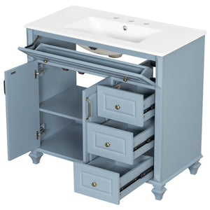 English Elm 36" Bathroom Vanity - Modern Blue Grey Solid Wood Cabinet With Elegant Gold Handles & Ample Storage N725P356069E