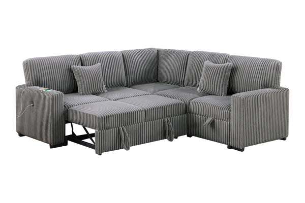 English Elm Modern Corduroy Three Piece Sectional Sofa with Storage Pull Out Bed and Usb Charging B011S02171
