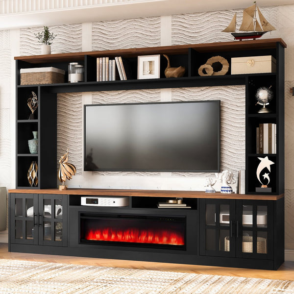 English Elm U-can Modern Farmhouse Wall Unit with Electric Fireplace Bookshelves and Glass Cabinet Doors Black+Brown SJ000153AAAB