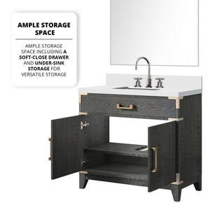 English Elm Black Oak Single Bath Vanity Set With White Quartz Top, 34" Mirror & Chrome Faucet For Stylish Storage B2731S02220