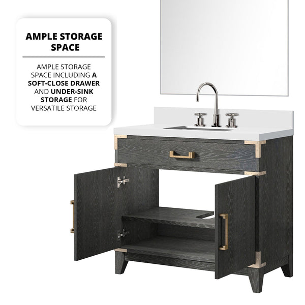 English Elm Black Oak Single Bath Vanity Set With White Quartz Top, 34" Mirror & Chrome Faucet For Stylish Storage B2731S02220