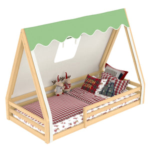 English Elm Twin Montessori Floor Bed Solid Pine Teepee Frame with Guardrails and Canopy Light W1580P369466
