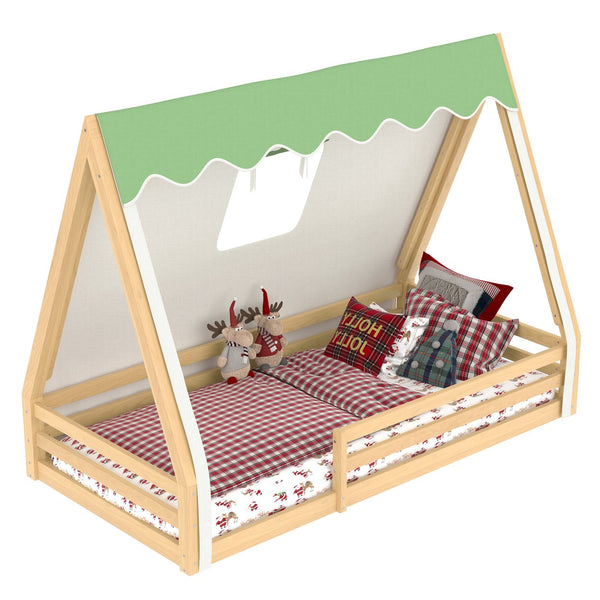 English Elm Twin Montessori Floor Bed Solid Pine Teepee Frame with Guardrails and Canopy Light W1580P369466