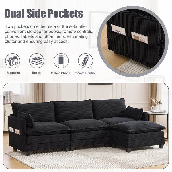 English Elm United We Win Modular Corduroy Sectional with Ottoman Low Profile Living Room Couch Black W1568S00260