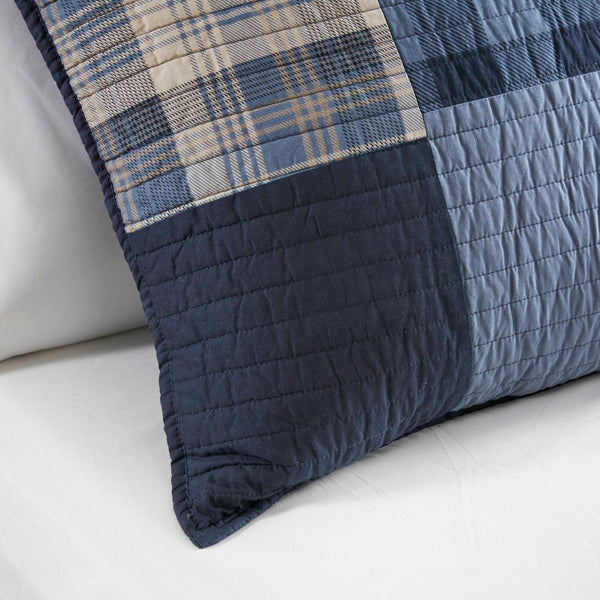 English Elm 3-piece Patchwork Cotton Quilt Set Navy Denim Plaid Coastal Bedroom Bedding B035P463257