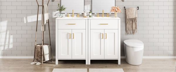 English Elm Modern 48 Inch Freestanding Bathroom Vanity Dual Ceramic Sinks Soft Close Gold Handles White N729P000008K