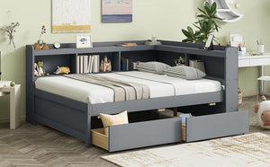 English Elm Full Size L-Shaped Bed With Bookcases, Usb Ports & Drawers - Space-Saving Grey Bedroom Solution W504S00245