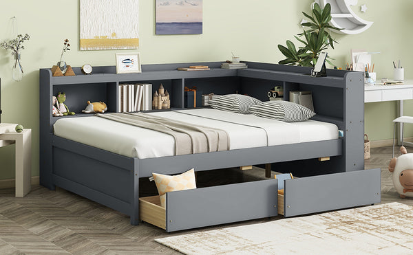 English Elm Full Size L-Shaped Bed With Bookcases, Usb Ports & Drawers - Space-Saving Grey Bedroom Solution W504S00245