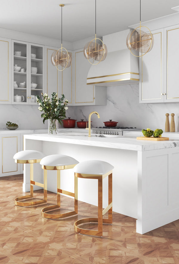 English Elm Aura Metal Upholstered Barstool White — Backless Faux Leather Seat, Brass Polished Base, Foam Padding, 28.5" Height B365P398003