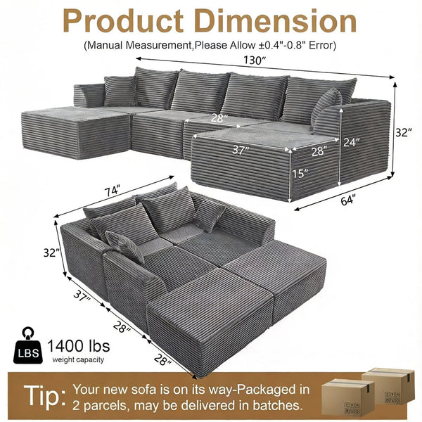 English Elm Modular U-shaped Sectional with Memory Foam Chenille Deep Seat Cloud Lounge Sofa Grey W5638S00002