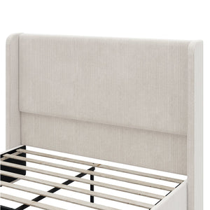 English Elm Queen Corduroy Upholstered Bed with Vertical-Stripe Wingback Headboard, High Footboard, Metal Frame Durability N701P201393E
