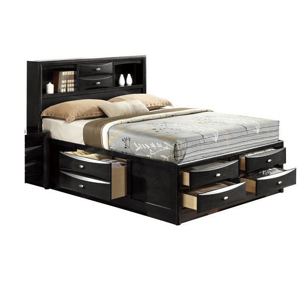 English Elm LUCILLE full bed with built-in bookcase headboard, 6 under-bed storage drawers, slatted base Black 59.02 L x 14.61 W x 33.94 H B201S00264