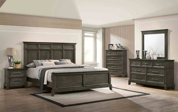 English Elm Bedroom Wooden Queen Bed with High Panel Headboard, Gold Trim Accent, Modern Luxury Design Gray 71 L x 38 W x 9 H B2741S00754