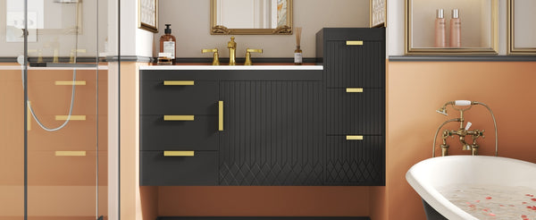 English Elm 30" Bathroom Vanity with Sink — Wall-Mounted Ceramic Basin, Soft-Close Storage, Floating Modern Design Black N710S324096B