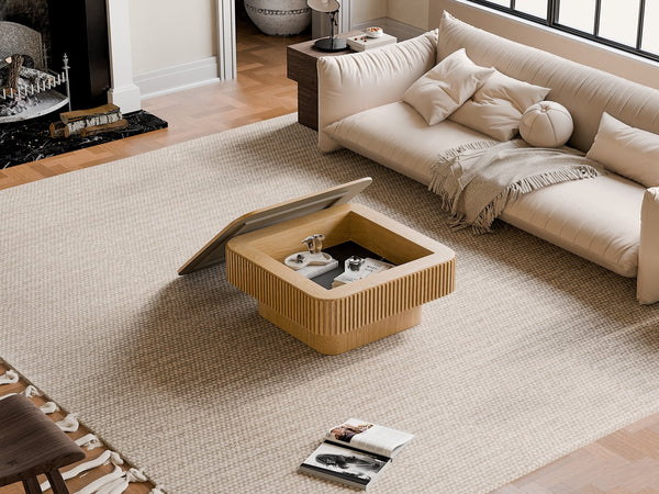 English Elm 31.5'' Square Wood Veneer Flip Top Storage Coffee Table with Slat Detail for Living Rooms Natural Wood W1435P375245
