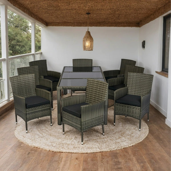 English Elm 9 Piece Outdoor Wicker Dining Set - Grey PE Rattan, Tempered Glass Table, Black Cushions, Rust‑Free Frame W329S00052