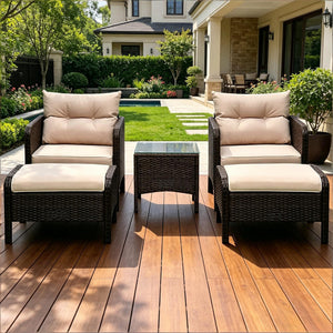 English Elm 5 Piece Pe Wicker Patio Lounge Set with Armchairs Ottomans and Glass Coffee Table T3971S00228