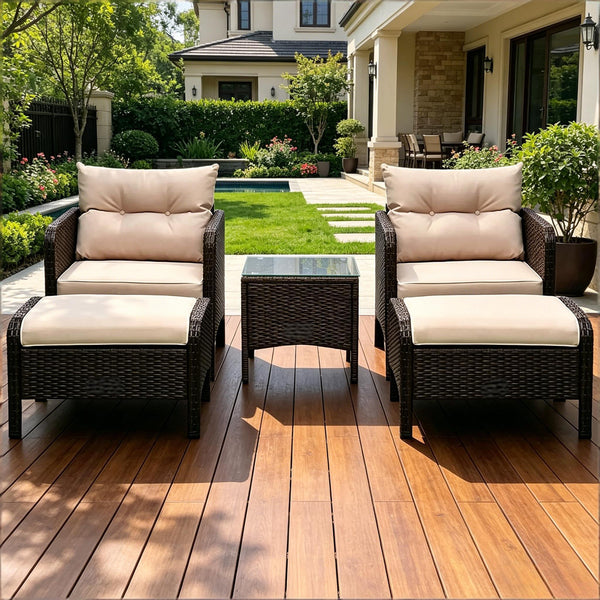 English Elm 5 Piece Pe Wicker Patio Lounge Set with Armchairs Ottomans and Glass Coffee Table T3971S00228