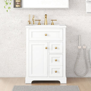 English Elm "24'' 24 Inch Glossy Freestanding Bathroom Vanity with Gold Hardware and Soft Close Storage White Pinewood N725P375495K