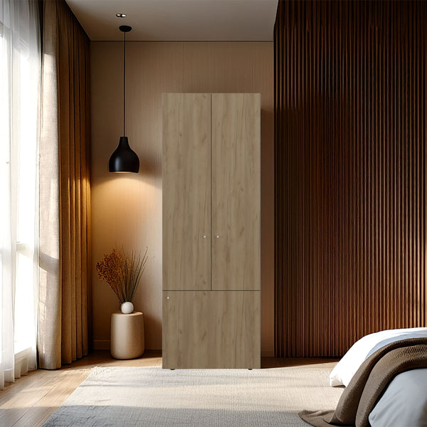 English Elm Armoir 66.9" H Natural Oak & White 3-Door Cabinet with 3 Shelves — Space-Saving, Durable, Eco-Friendly Storage B097P395915