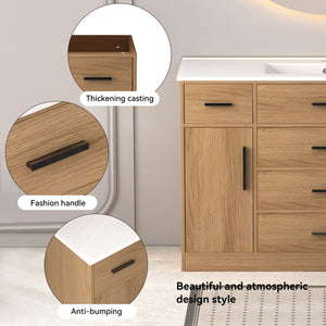 English Elm 48"dark Brown Vanity with 6 Drawers and Soft Close Doors for a Spa Bathroom Light Oak W3133S00026