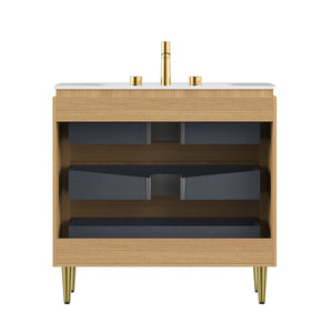 English Elm AMARA 36'' Bathroom Vanity with Integrated Sintered Stone Basin, Preassembled Plywood Cabinet, LED Motion Sensor Storage Carrara White,Light Oak W2615P346339