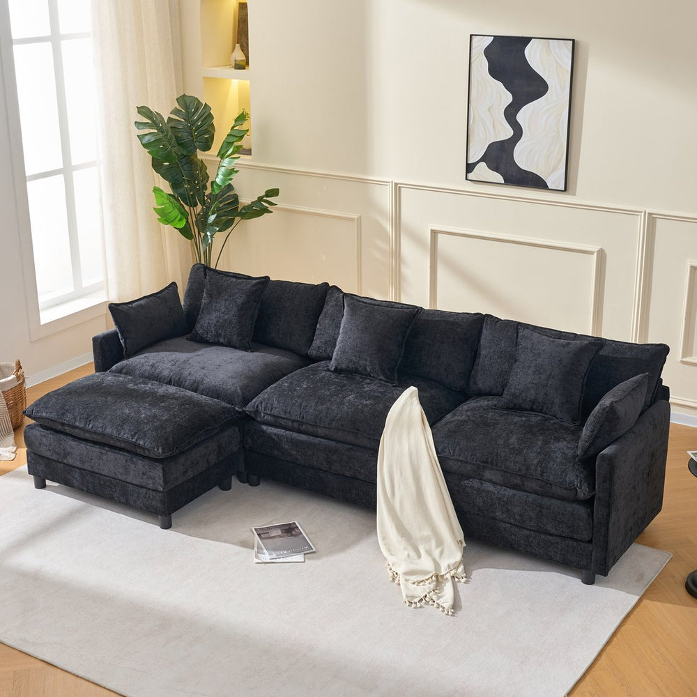 English Elm 108" L-shaped Chenille Cloud Sectional Deep Seat Sofa with Ottoman for Living Rooms Black W3244S00004