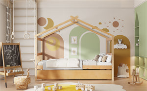 English Elm Twin House Bed Solid Pine Cottage Frame with Pull Out Trundle for Kids Bedroom Natural N708P309238M