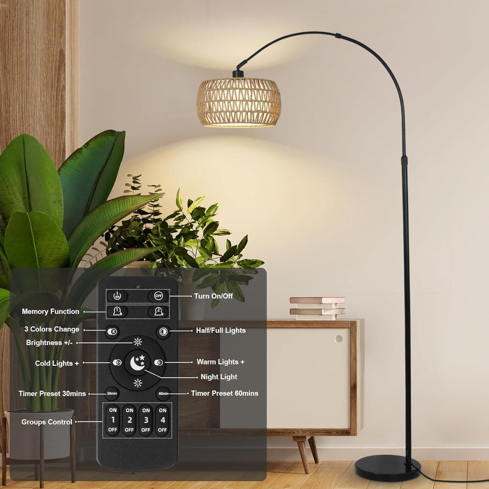 English Elm Arc Floor Lamp With Remote & Dimmable Led Bulb - Adjustable Height, Boho Rattan Shade For Cozy Living Spaces W2738P185417