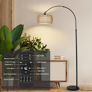 English Elm Arc Floor Lamp With Remote & Dimmable Led Bulb - Adjustable Height, Boho Rattan Shade For Cozy Living Spaces W2738P185417