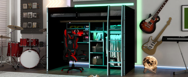 English Elm Full Size Loft Bed with Rgb Lighting Desk Open Wardrobe and Storage for Gaming Rooms Blue LT000277AAC