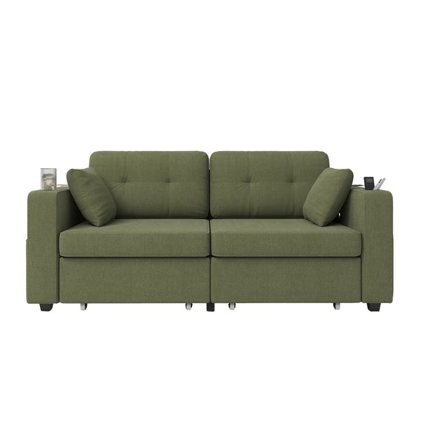 English Elm Sofas for Living Room Chenille Three Seat Couch with Usb Charging Storage and Cup Holder Olive W395S00146
