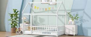English Elm Twin House Bed Floor Frame Solid Rubberwood Guardrails Playhouse Nook for Kids W504P470124