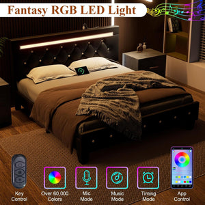 English Elm Queen Platform Bed Wingback Diamond Quilted Headboard Led Lighting Storage Drawers W5722P462498