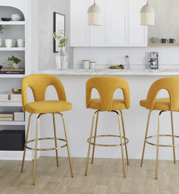 English Elm Fixed-height Swivel Barstools with Gold Footrest Black Frame White Upholstery Set B202S01872